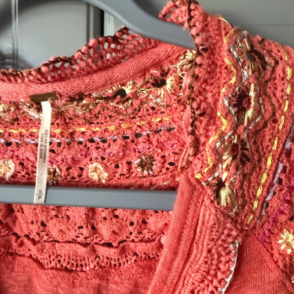Free People Siesta Fiesta Embroidered Crochet Peasant Top, Orange, S - Picture 3 of 12